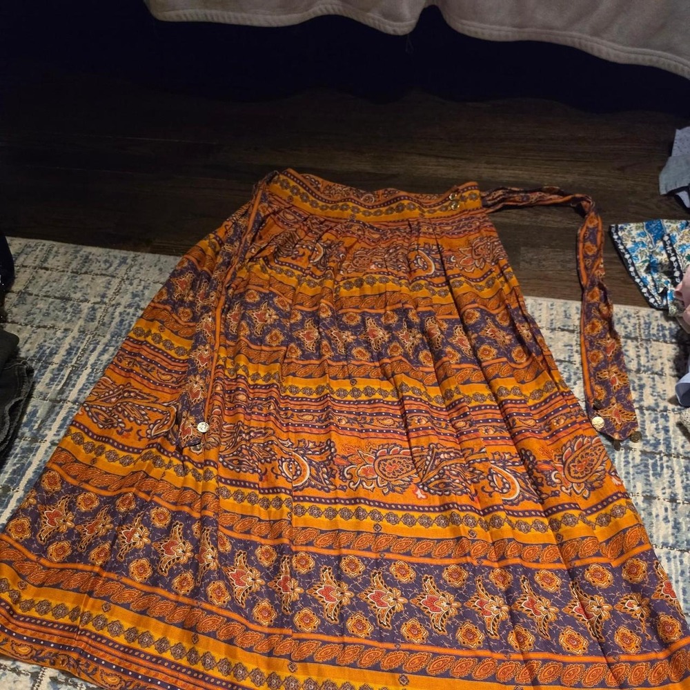 SK & Company Orange Purple Paisley Rayon Linen Maxi Skirt Tie Waist Womens 14